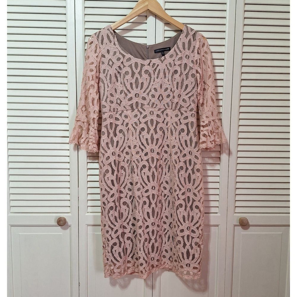 Chris McLaughlin Dress Womens Size 8 Blush Pink Lace Overlay Lined Midi Bell Slv